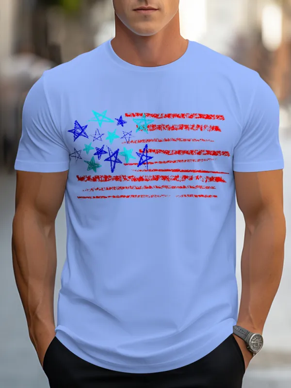 Man'S Stars And Stripes Print Round-Neck Short-Sleeved T-Shirt