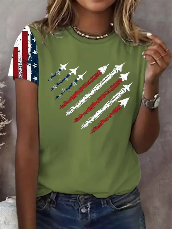 Woman'S Airplane Cigarette Print Round-Neck Short-Sleeve T-Shirt