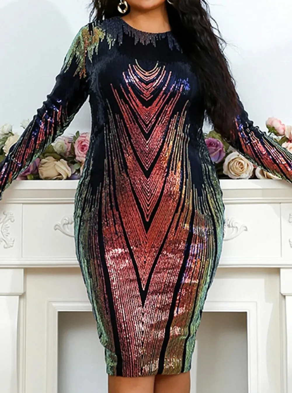 Plus Size Ombre Sequin Midi Bodycon Multicolor Prom Dress