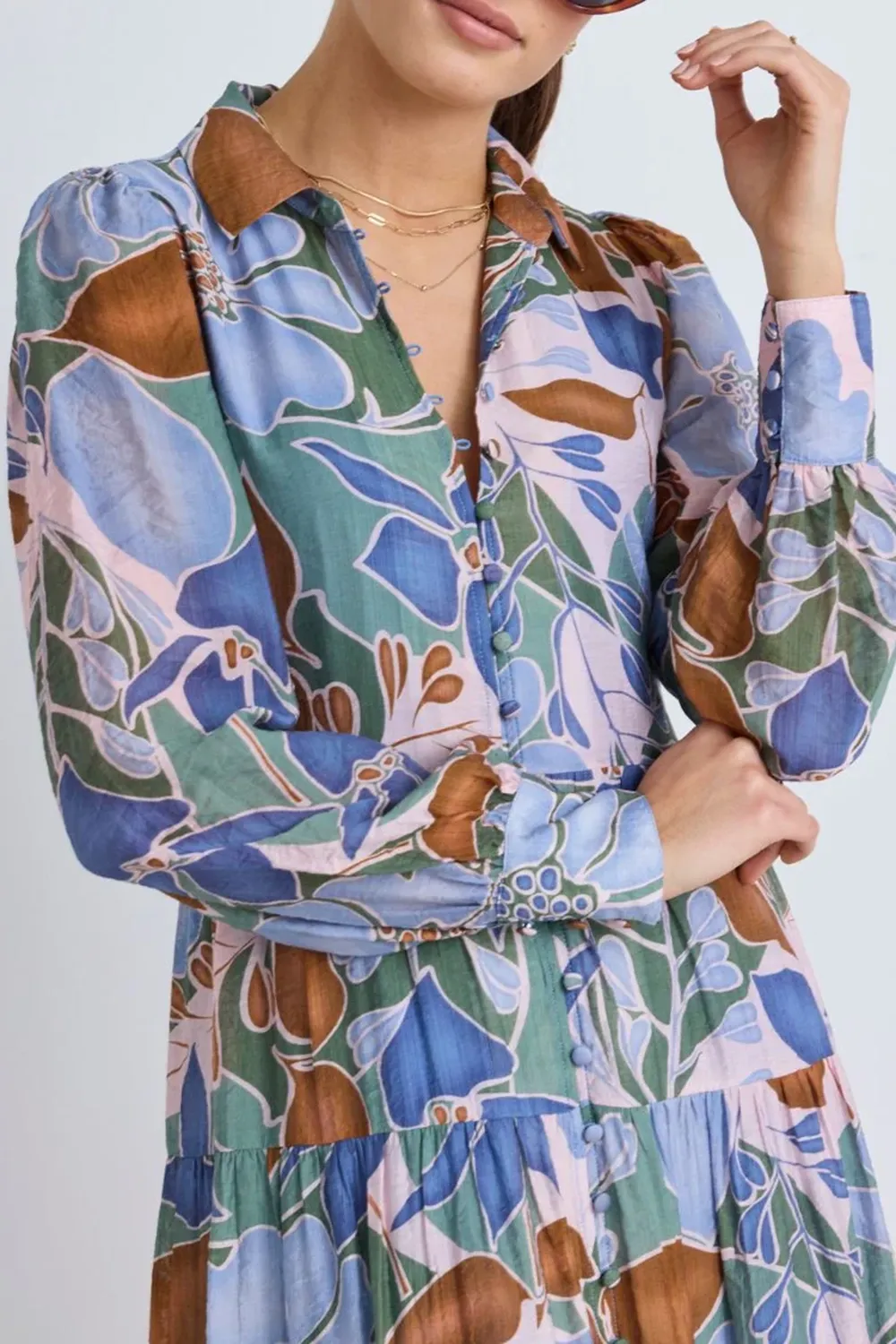 Khaki Floral Long Sleeve Tiered Shirt Maxi Dress
