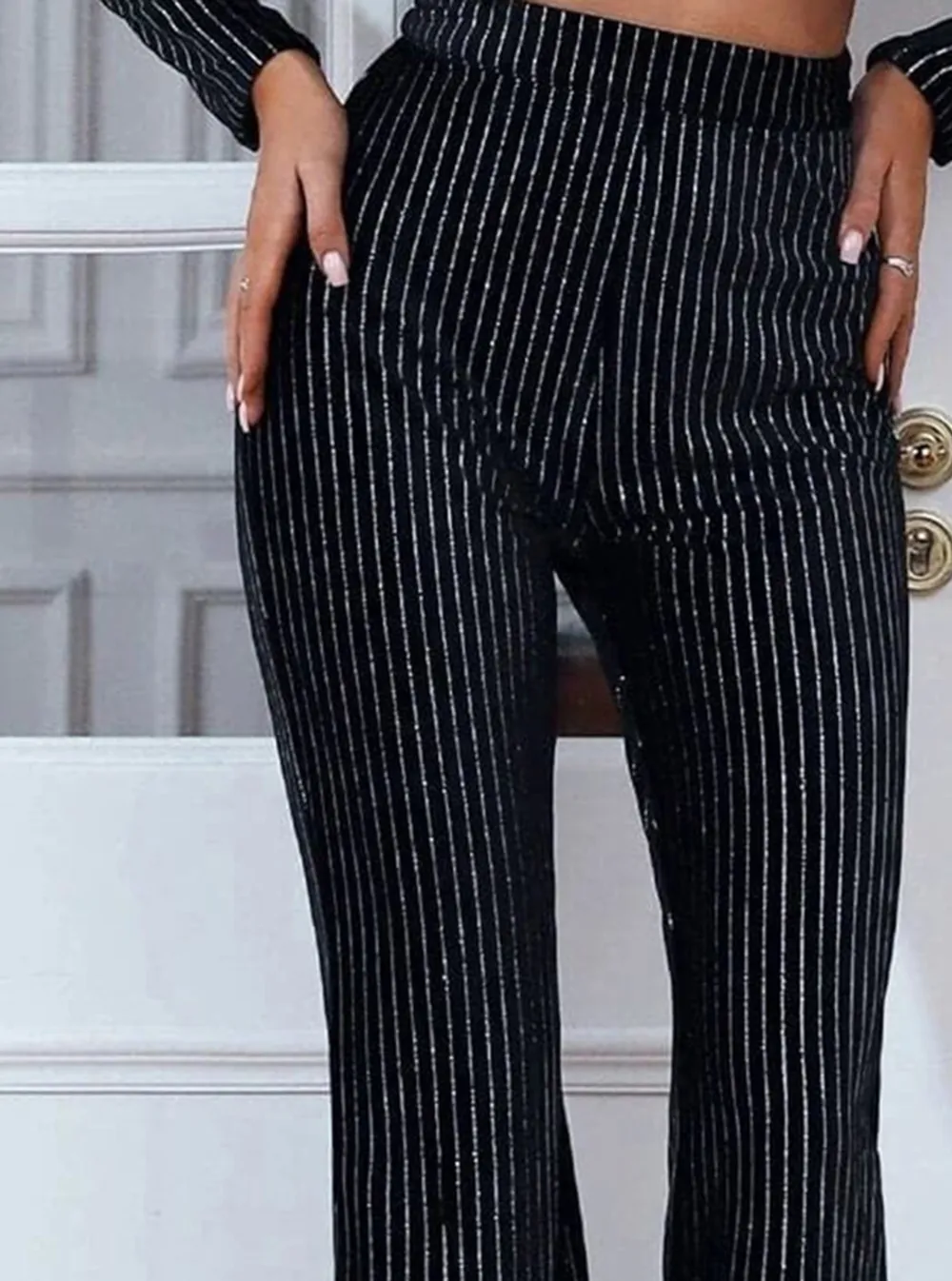 Backless Long Sleeve Black Pinstriped Set