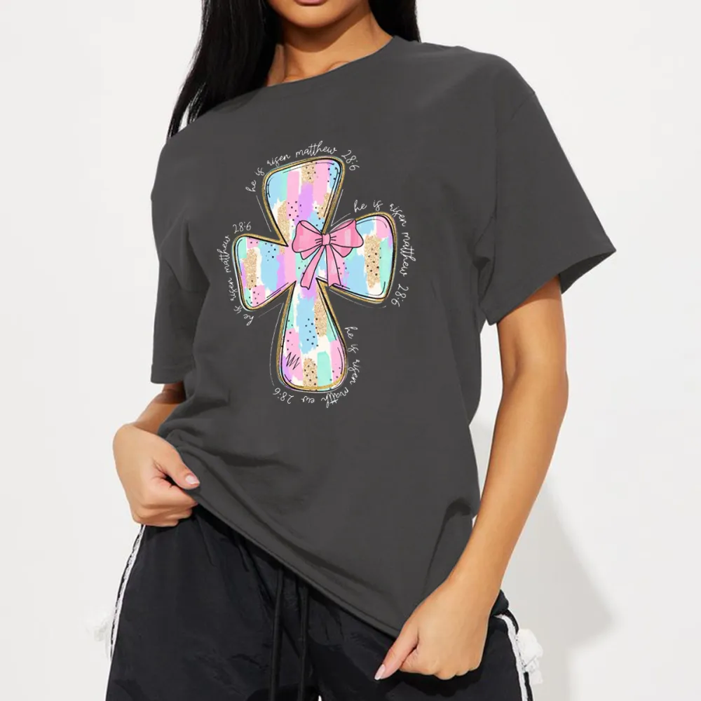Colorful Cross Pattern With Pink Bow T-Shirt