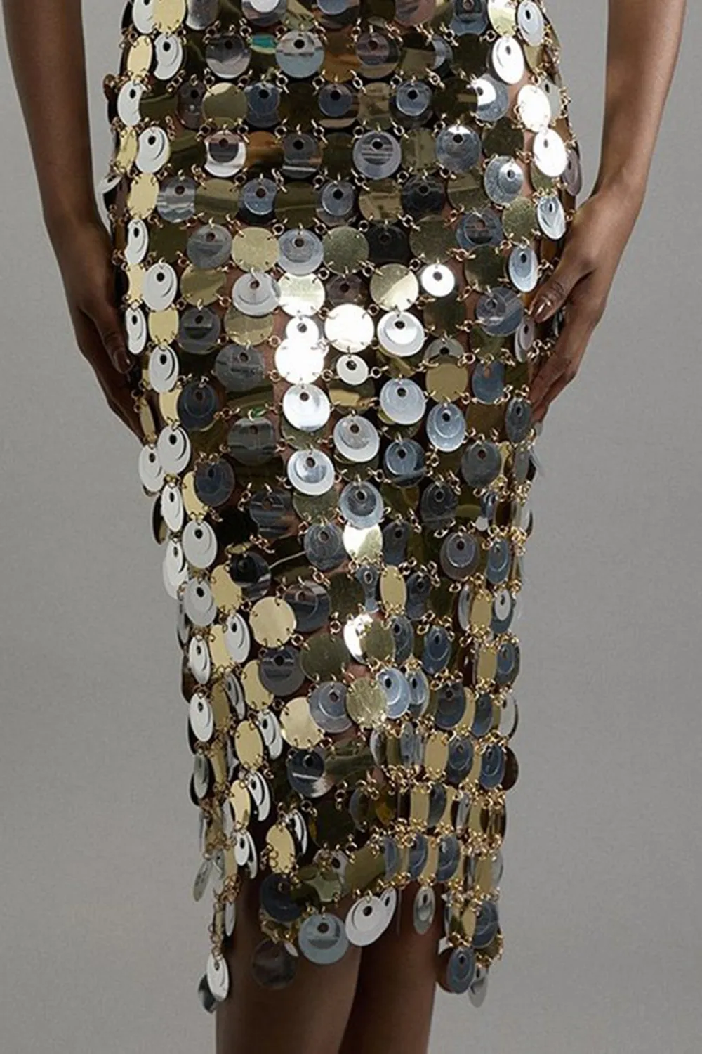 Disc Sequin Strappy Midi Dress