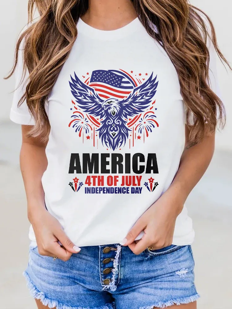 Woman'S America 4Th Of July Independence Day Round-Neck Short-Sleeved T-Shirt