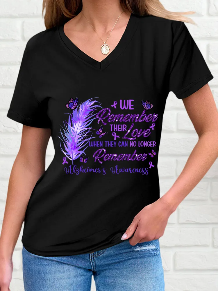 Women'S V-Neck Short-Sleeved T-Shirt We Remember Their Love When They Can No Longer Remember Alzheimer'S Awareness Prints