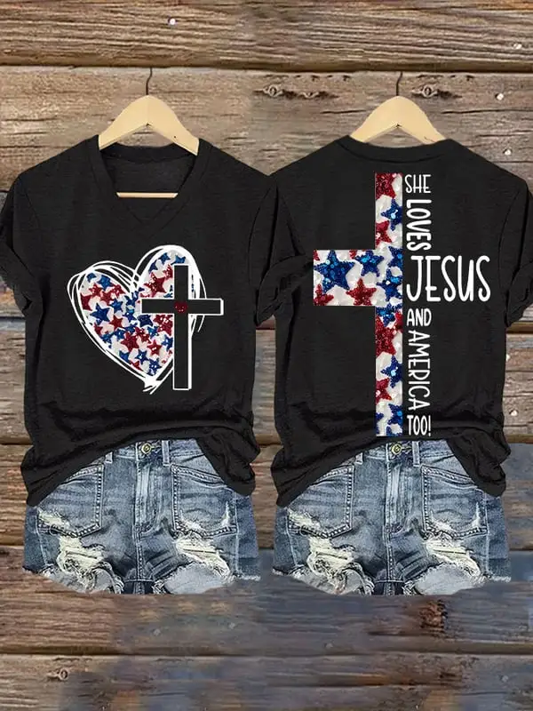 Woman'S She Loves Jesus And America Too! V-Neck Short-Sleeve T-Shirt