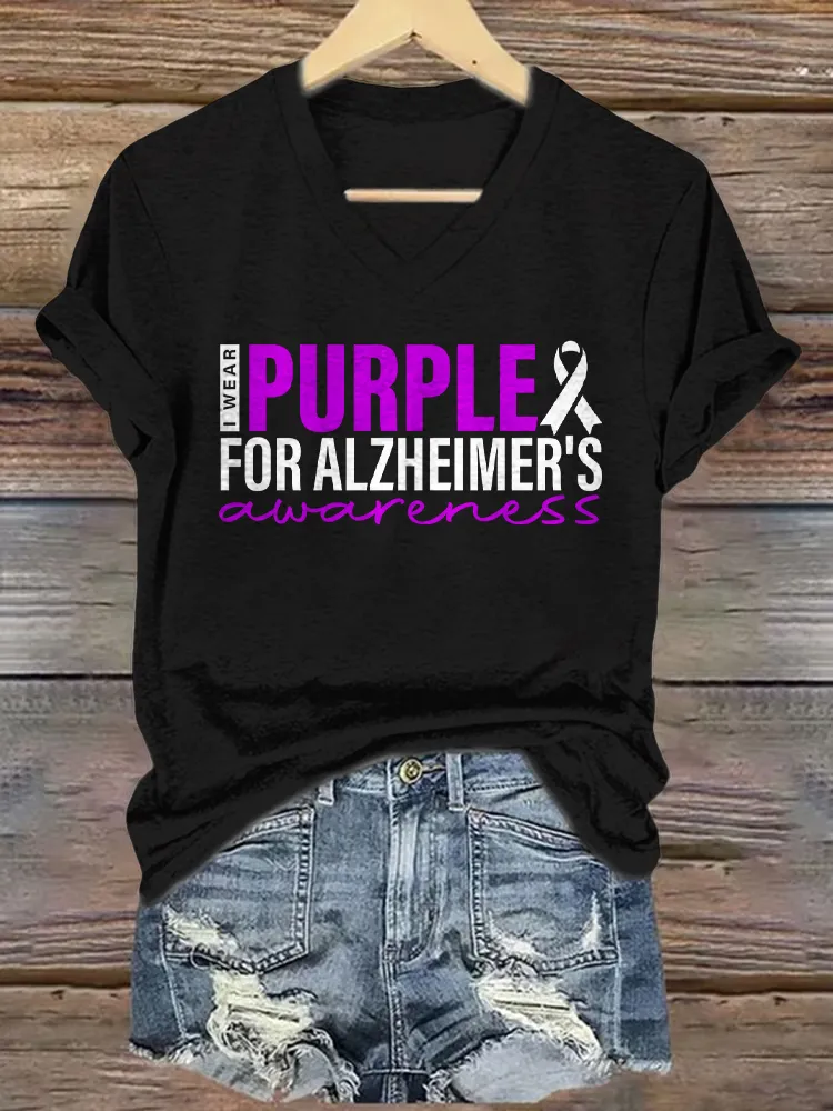 Women'S I Wear Purple For Alzheimer'S V-Neck Short-Sleeved T-Shirt