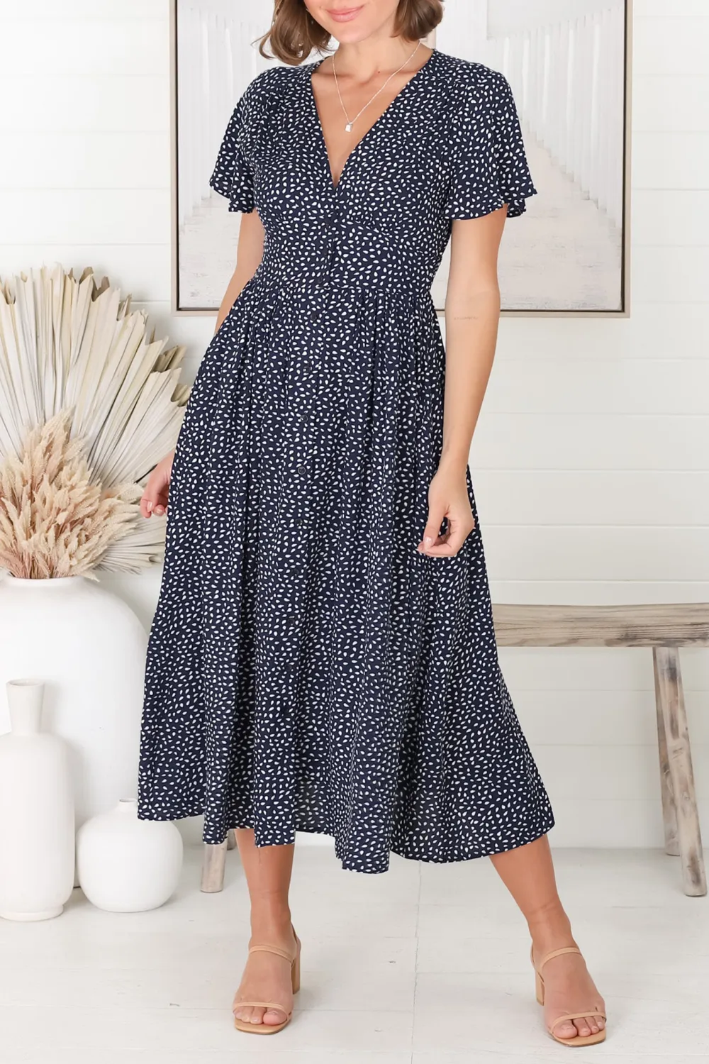 Navy Blue Dot Print Short Sleeve Midi Dress