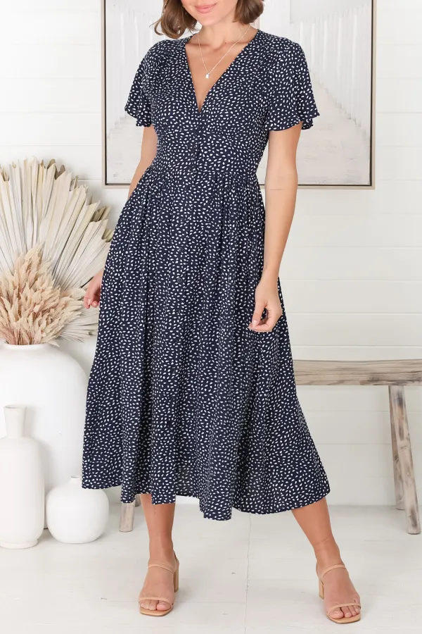 Navy Blue Dot Print Short Sleeve Midi Dress