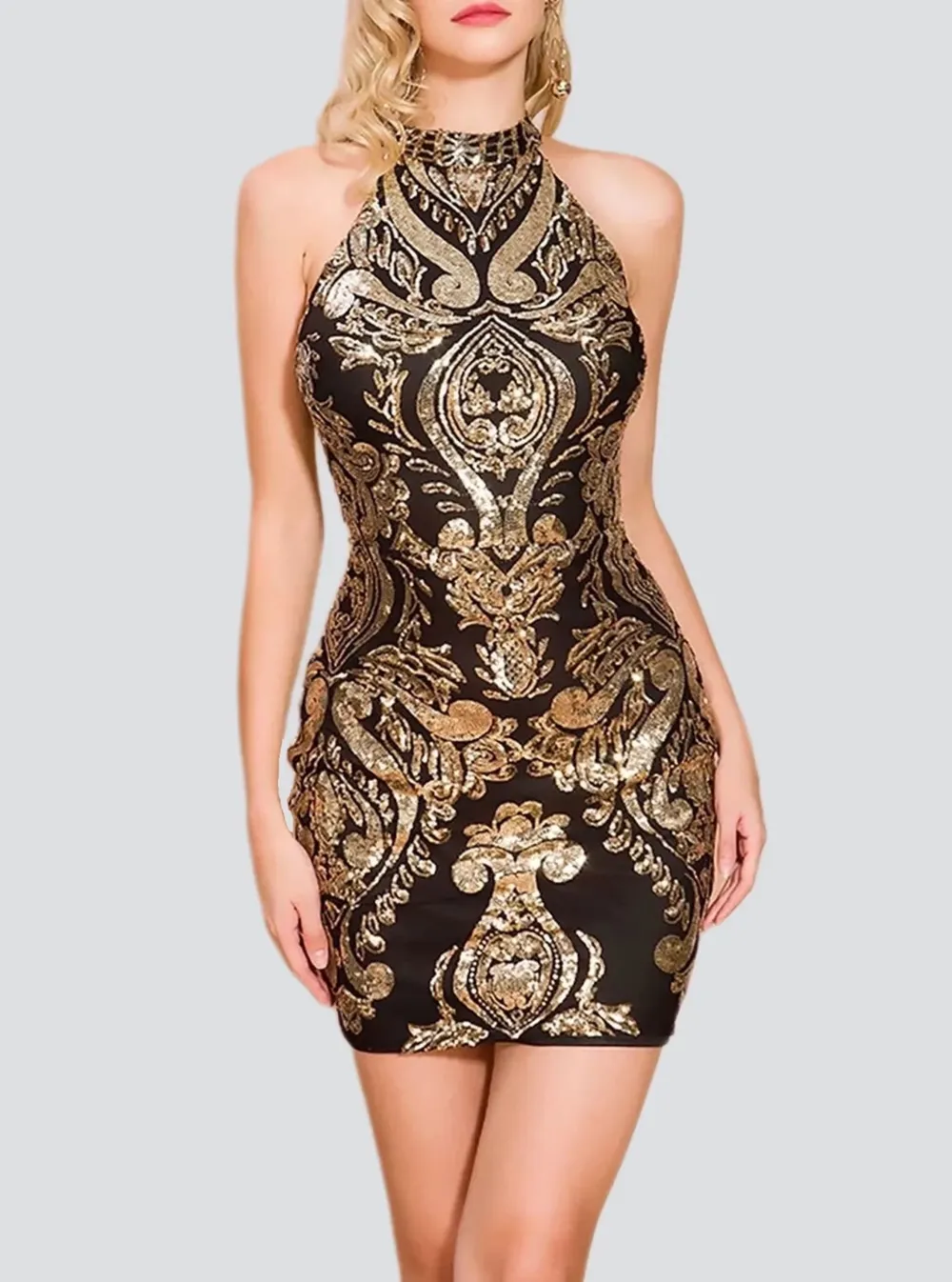 Halterneck Damask Sequin Bodycon Mini Dress