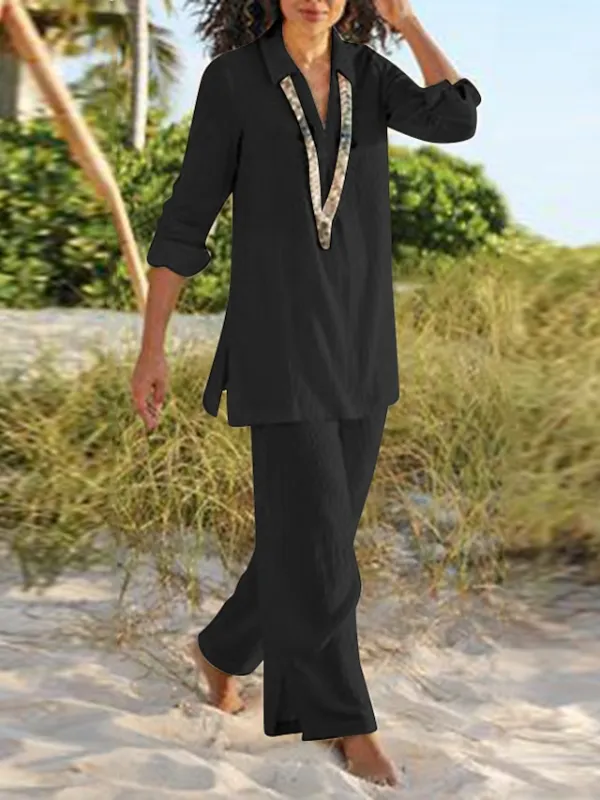 Women's Shirt Pants Sets Black Dark Navy Camel Plain Long Sleeve Casual Daily Vintage Fashion Streetwear V Neck Regular Fit Fall & Winter