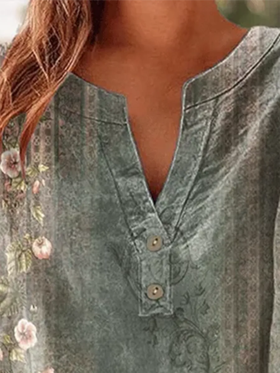 Women's Vintage Botanical Floral Button Design V-Neck Short Sleeve Shirt