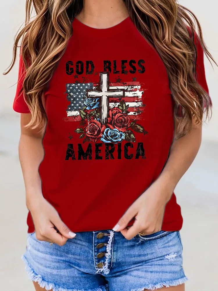 Woman'S God Bless America Round-Neck Short-Sleeved T-Shirt