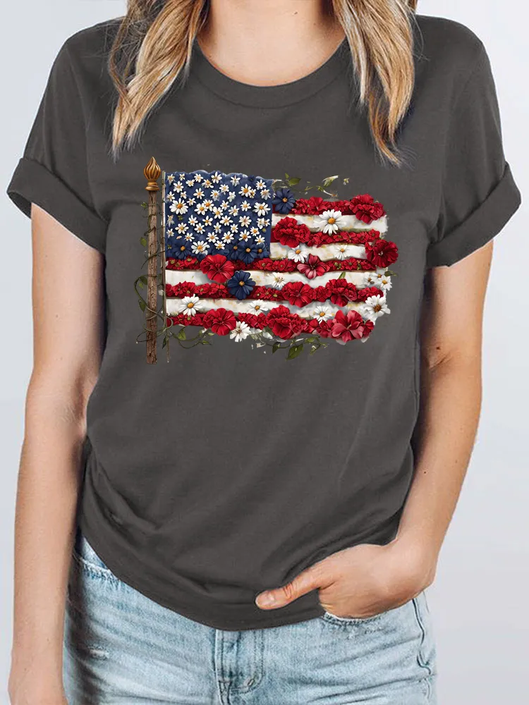 Woman'S Independence Day Floral Flag Print Short-Sleeved T-Shirt