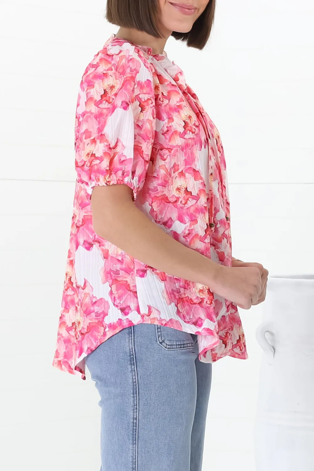 Pink Floral Print V Neck Puff Sleeve Top
