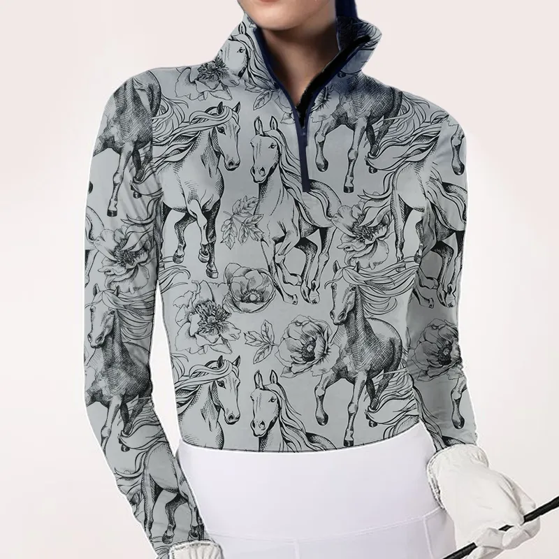 Women's Riding Style Horses Print Long Sleeve Casual Shirt