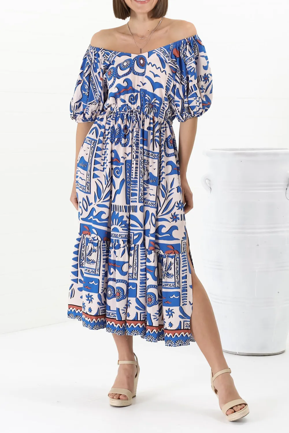 Blue Printed Puff Sleeve Midi Dress