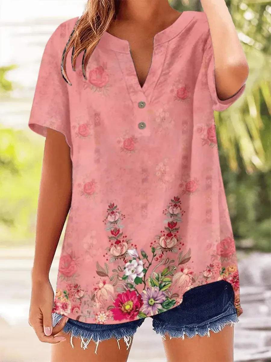 Women's Vintage Botanical Floral Button Design V-Neck Short Sleeve Shirt
