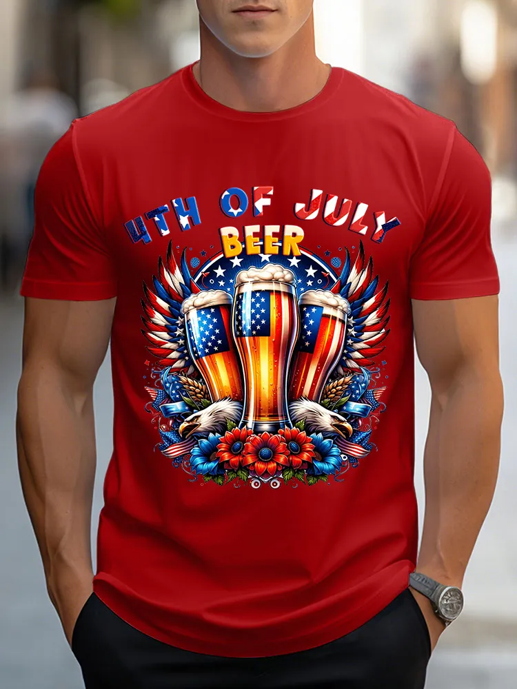 Men's Independence Day 4th Of July Beer Round-Neck Short-Sleeved T-Shirt
