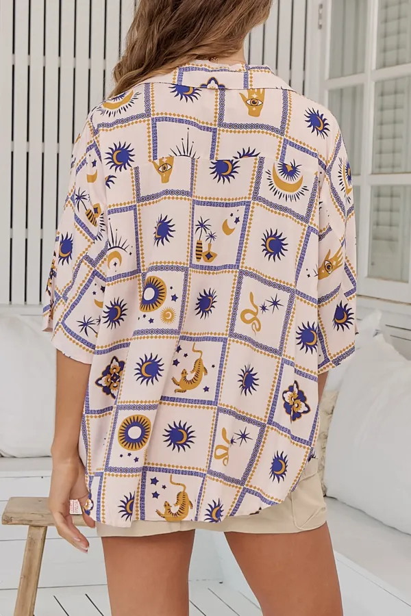 White Blue Patterned V Neck Half Sleeve Shirt