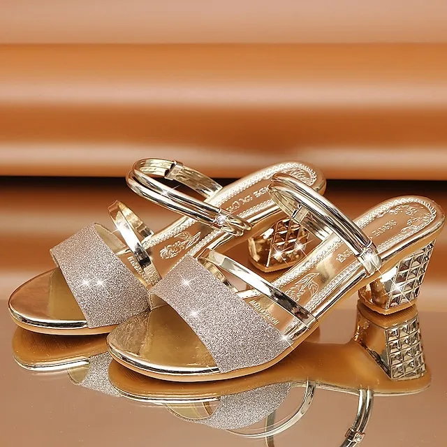 Women's Sandals Dress Shoes Sparkly Sandals Party Daily Summer Block Heel Low Heel Chunky Heel Open Toe Elegant Casual PU Leather PU Loafer Solid Color Black Silver Gold