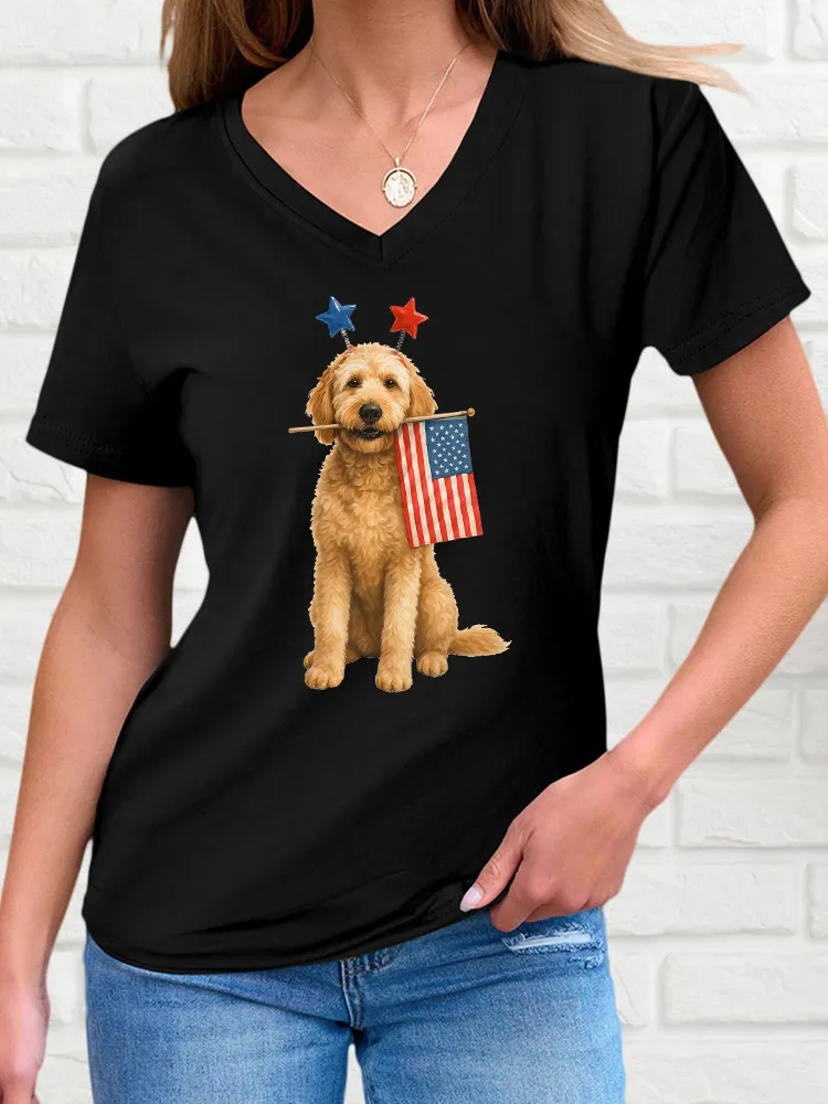 Woman'S Independence Day Puppy T-Shirt Short Sleeves