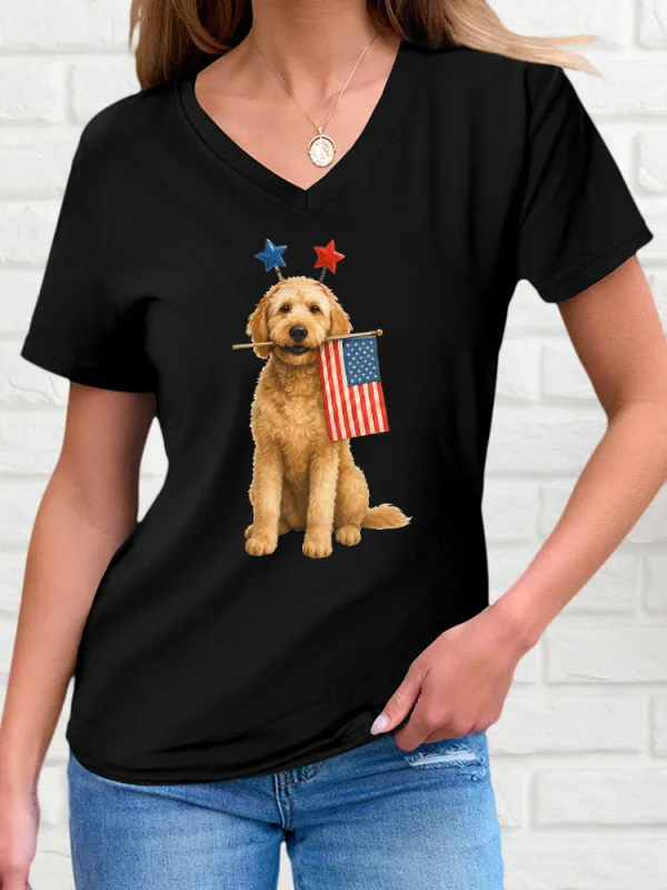 Woman'S Independence Day Puppy T-Shirt Short Sleeves