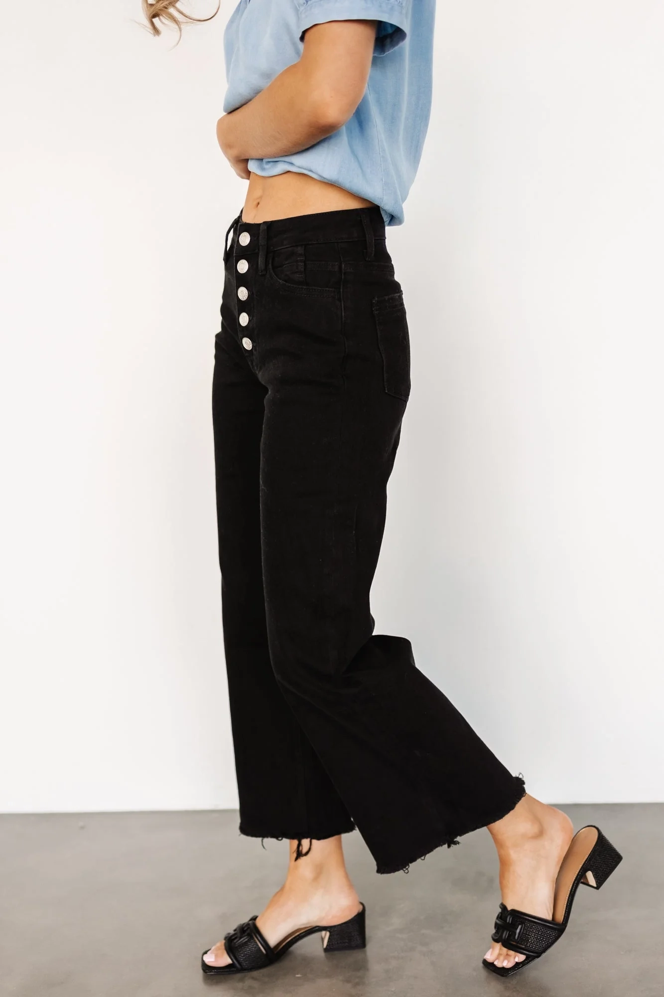 Black Straight-Leg Button-Up Slimming Pants