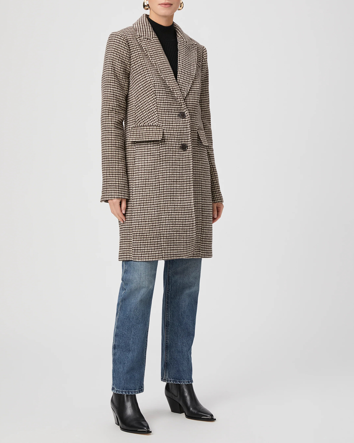 Chocolate Brown Houndstooth Wool Blend Coat