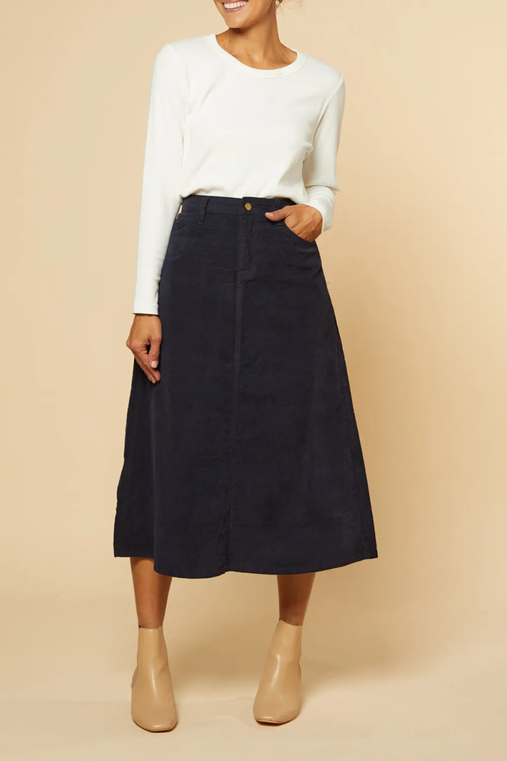 Adrift A-Line Brushed Cotton Skirt in Navy
