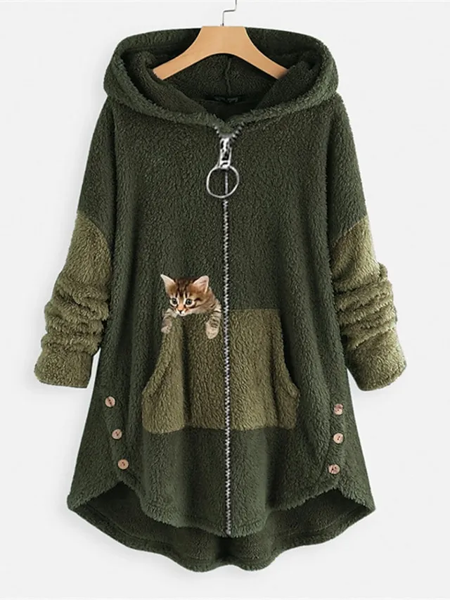 Women's Teddy Coat Casual Jacket Sherpa jacket Fleece Jacket Outdoor Street Daily Fall Winter Regular Coat Regular Fit Warm Breathable Streetwear Casual Jacket Long Sleeve Solid Color Pocket Full Zip