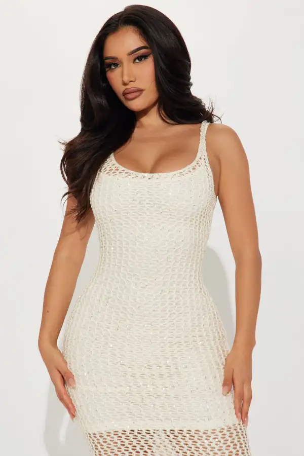 Kaylie Sequin Crochet Midi Dress - Ivory
