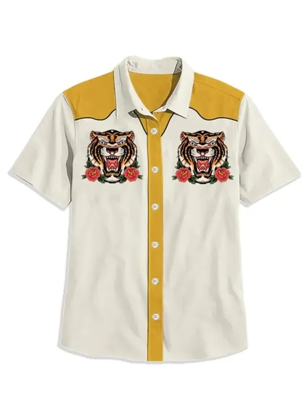 Western Vintage Animal Tiger Rose Short Sleeve Shirt