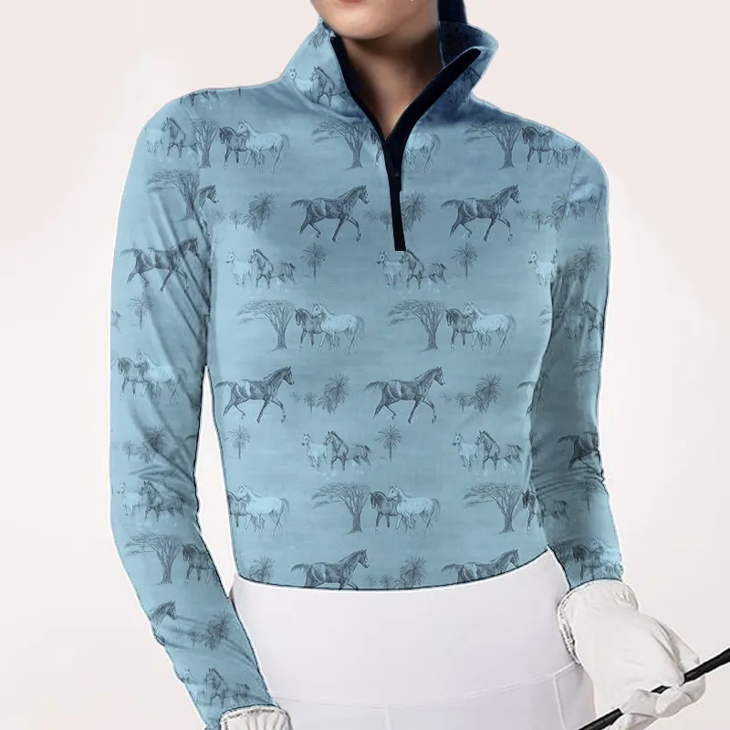 Women's Riding Style Horses Print Long Sleeve Casual Shirt