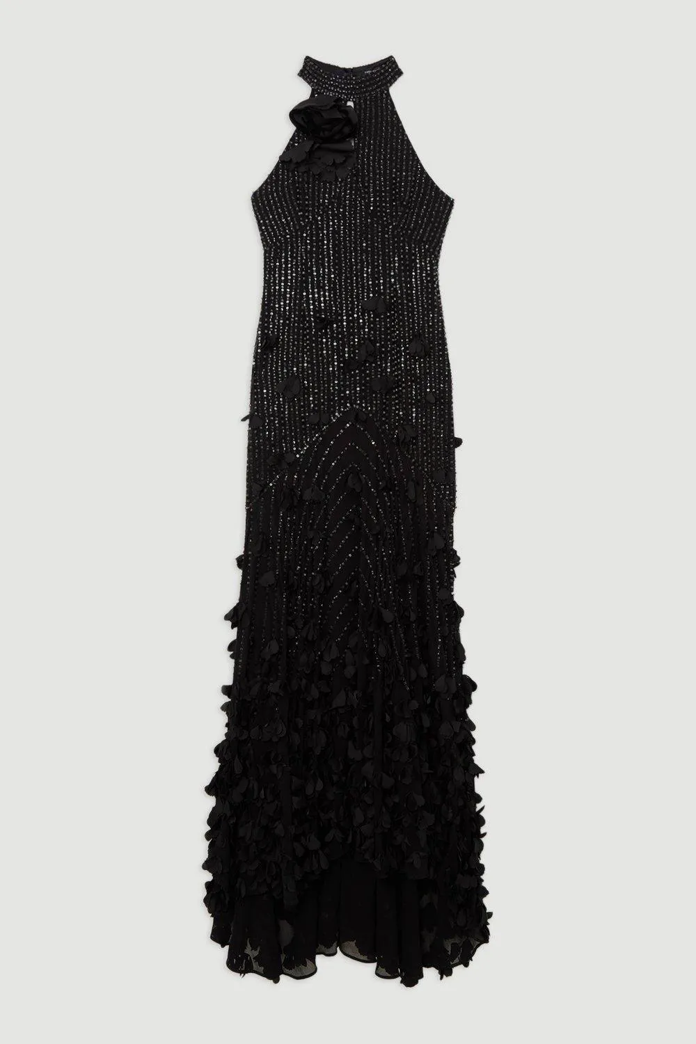 Floral Applique Crystal Embellished Woven Maxi Rosette Maxi Dress