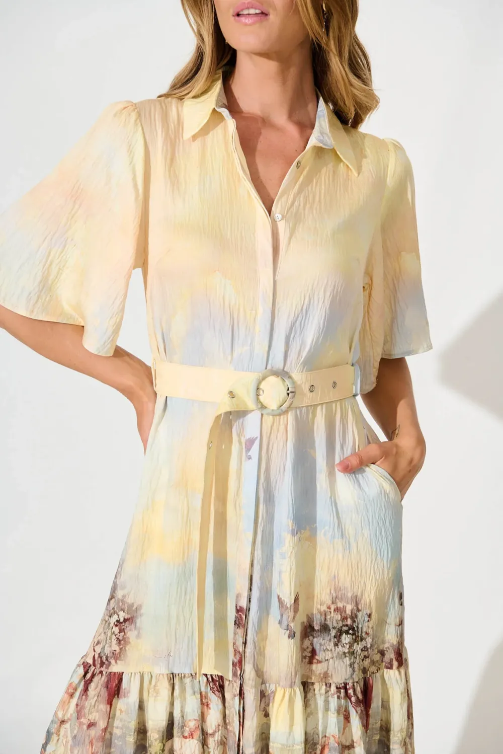 Beige Printed Tiered Shirt Midi Dress