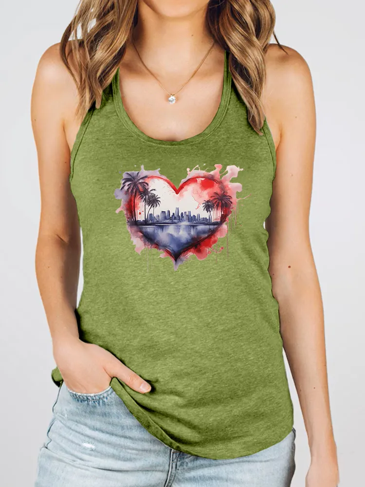Women'S Heart-Shaped Landscape Painting Print Round-Necked Sleeveless Vest