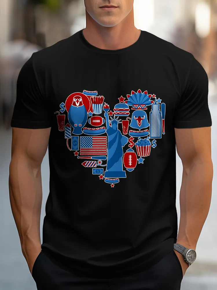 Man'S Heart-Shaped Print Round-Neck Short-Sleeved T-Shirt