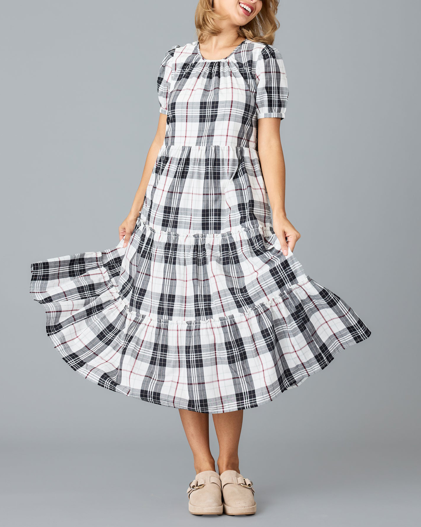 Black And White Plaid Midi Dress