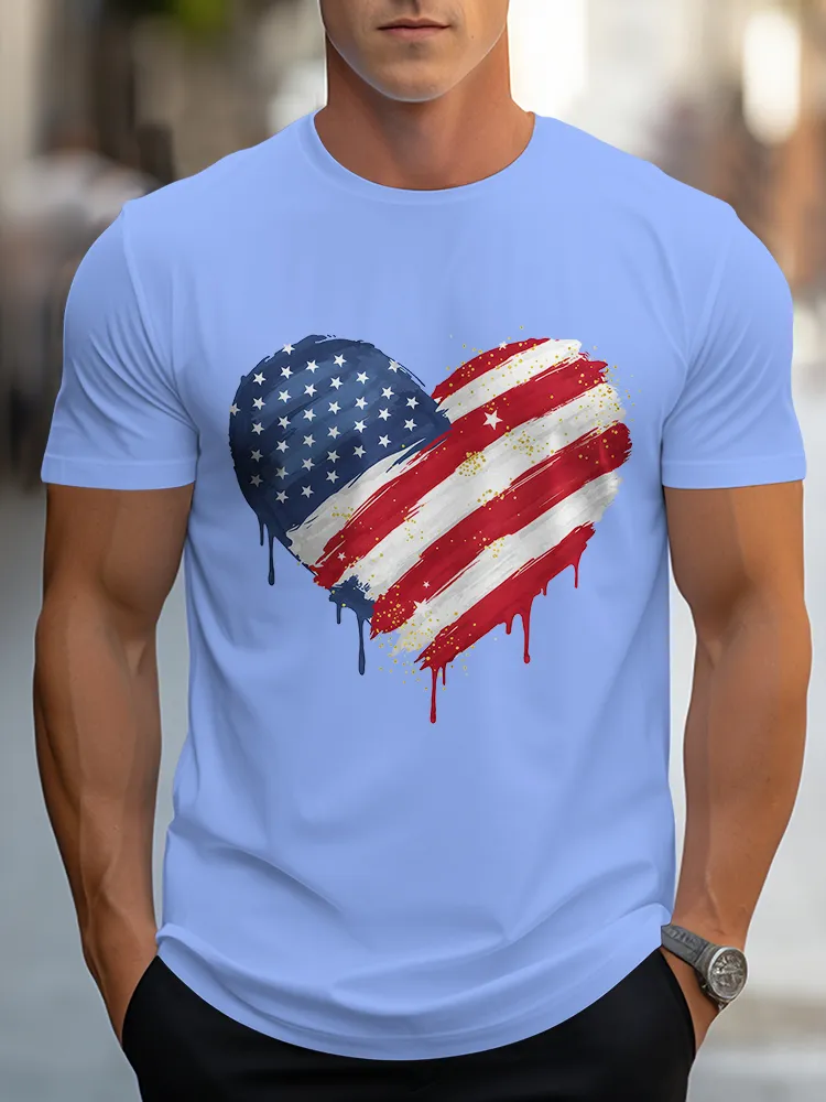 Man'S Star Stripe Heart Pattern Round-Neck Short-Sleeved T-Shirt