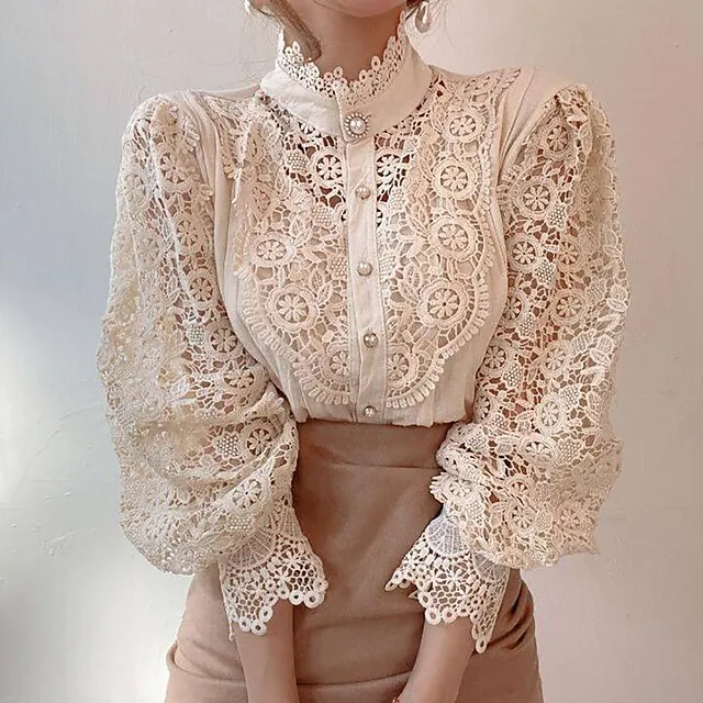 Women's Blouse Solid Colored Black White Apricot Hole Daily Fashion Elegant & Luxurious Elegant Shirt Collar Regular Fit Spring Fall Winter