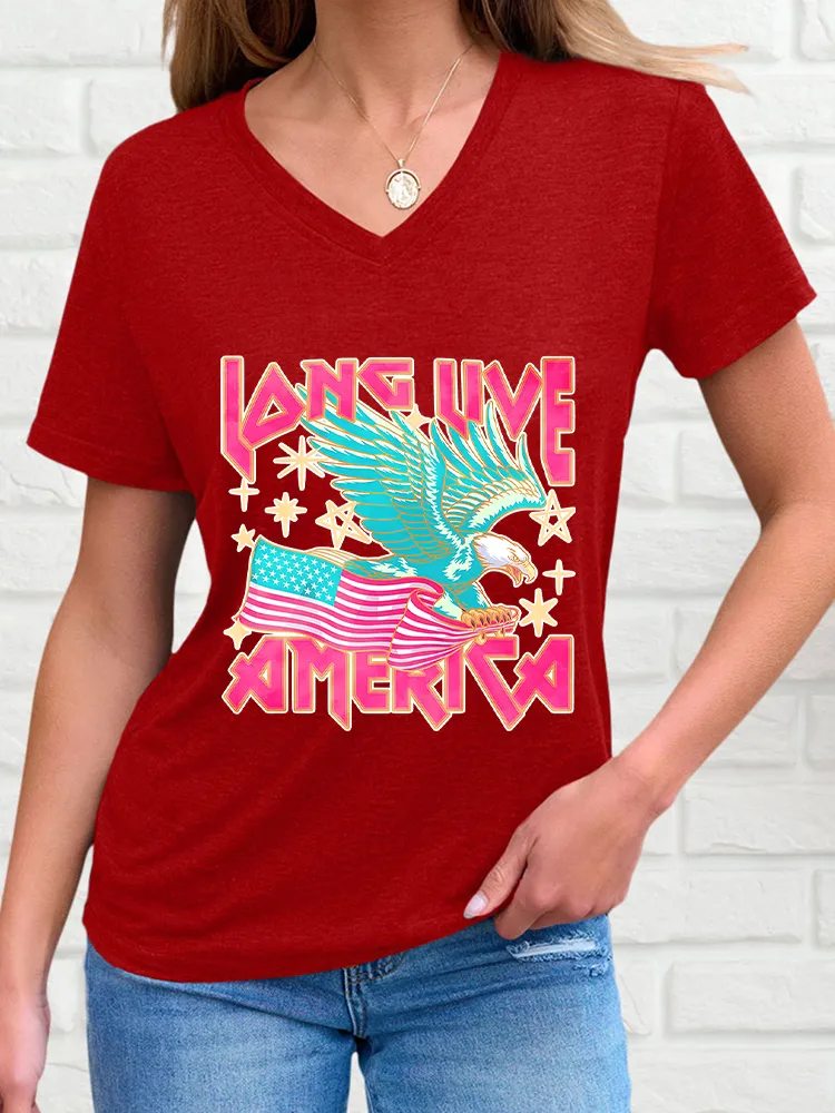 Woman'S America V-Neck And Short Sleeves T-Shirt