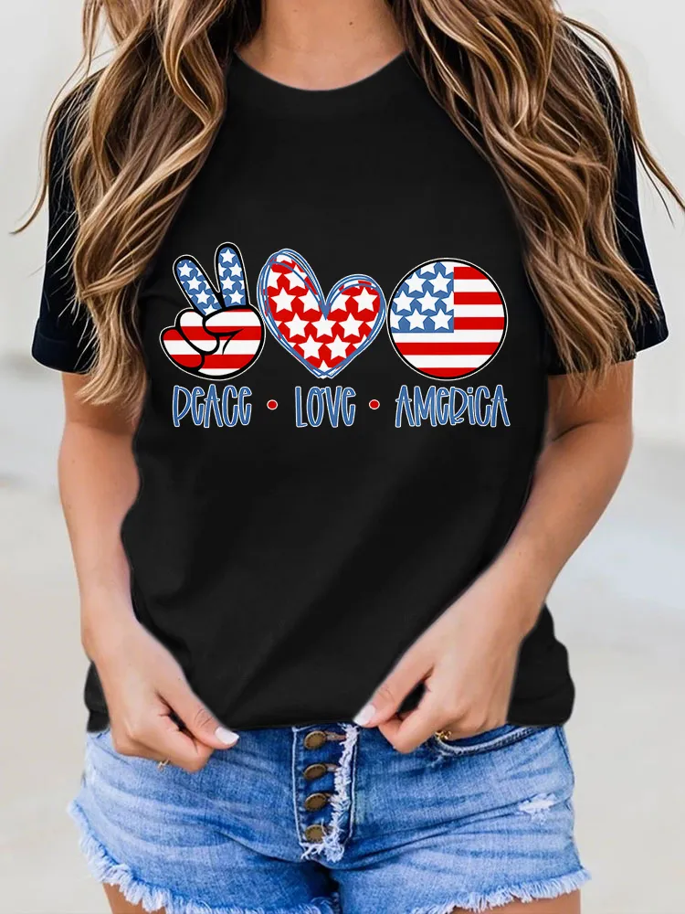 Woman'S Peace Love America Round-Neck Short-Sleeved T-Shirt