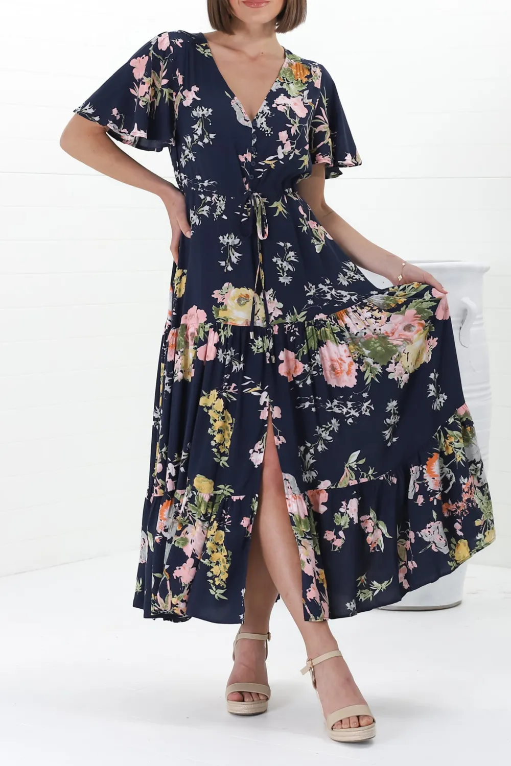 Navy Blue Floral Print Flutter Sleeve Maxi  Dress