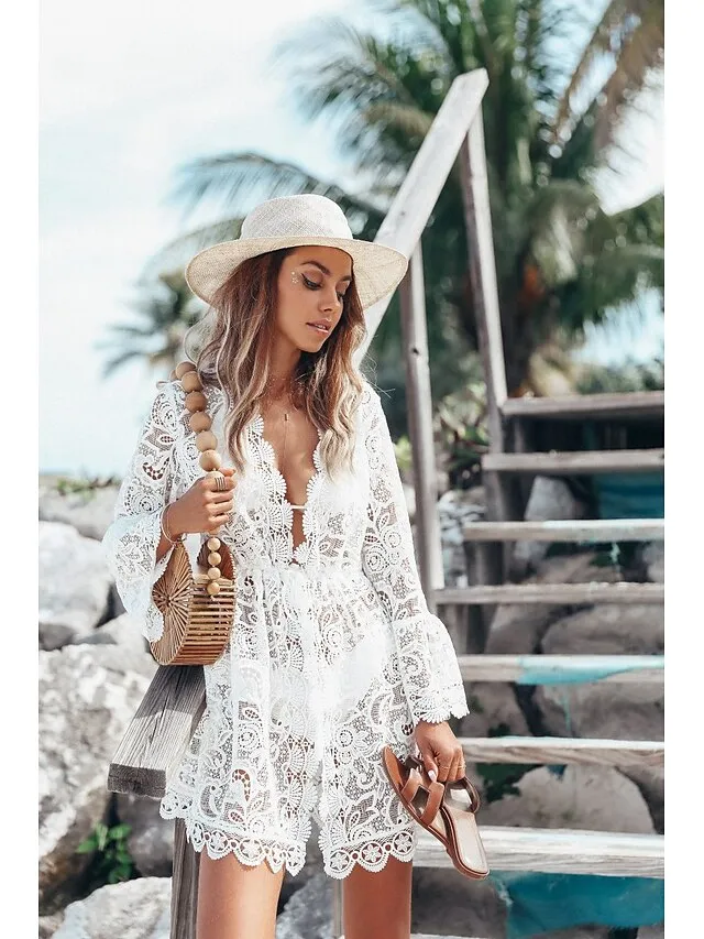 Women's Swimwear Cover Up Beach Top Normal Swimsuit UV Protection Lace Crochet Solid Color White Bathing Suits Modern Vacationy / Sweet / New / Padless