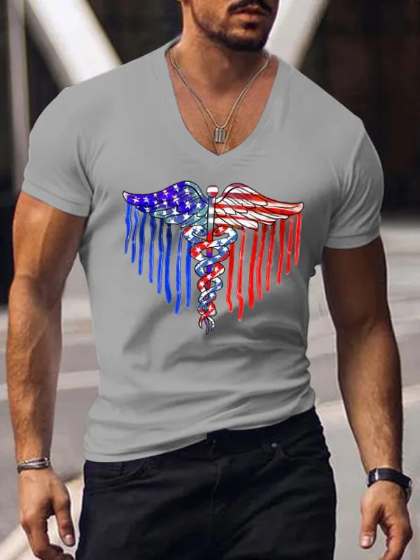Snake Wing National Flag Print Short-Sleeved V-Neck T-Shirt