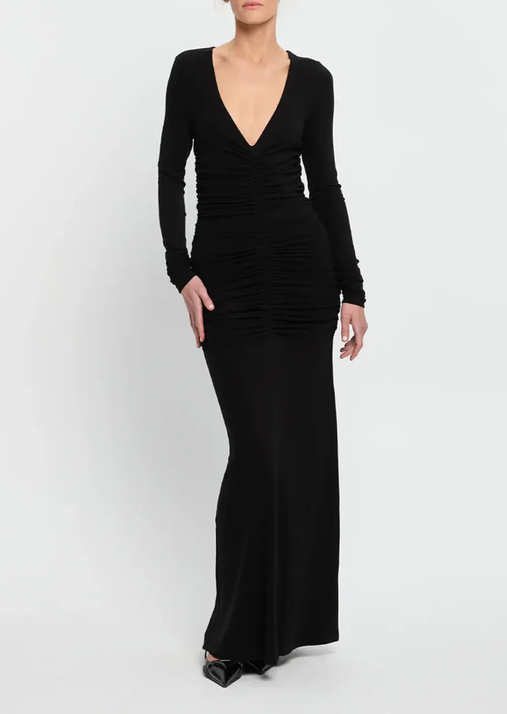 Long Sleeved V Neck Ruched Maxi Dress