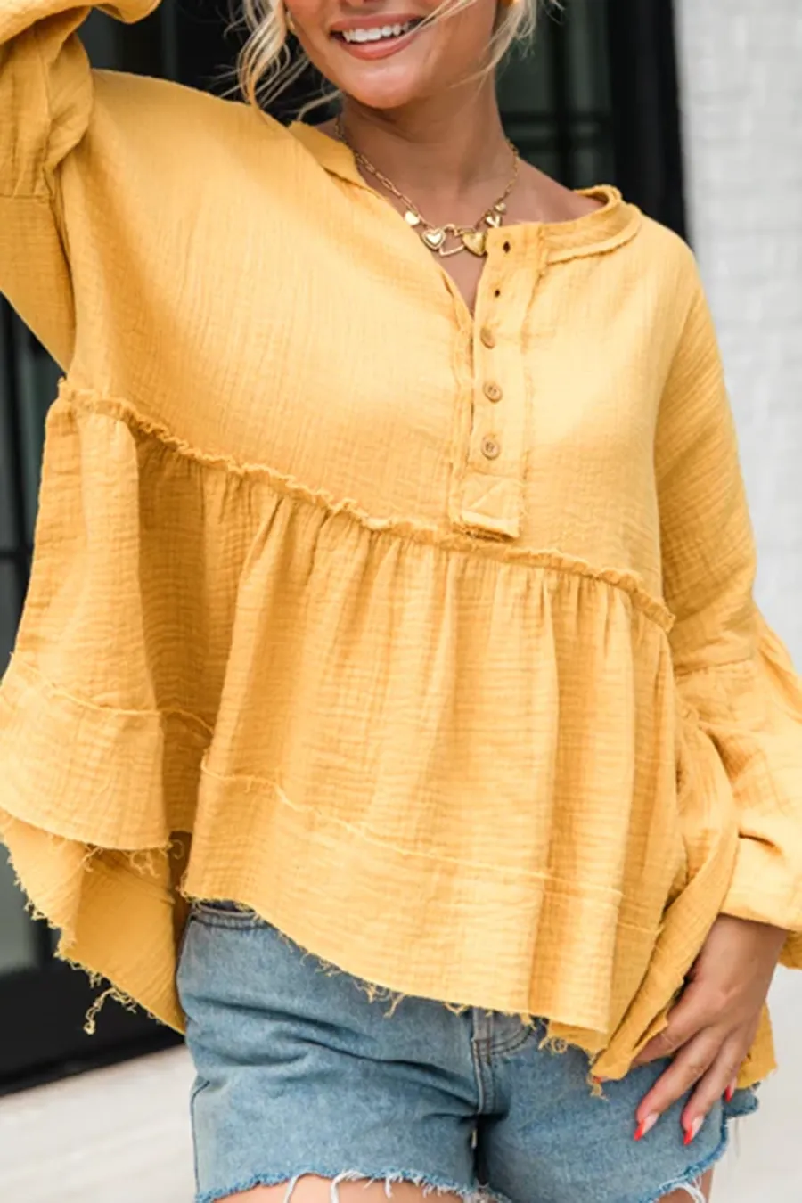 Mustard Oversized Henley Blouse