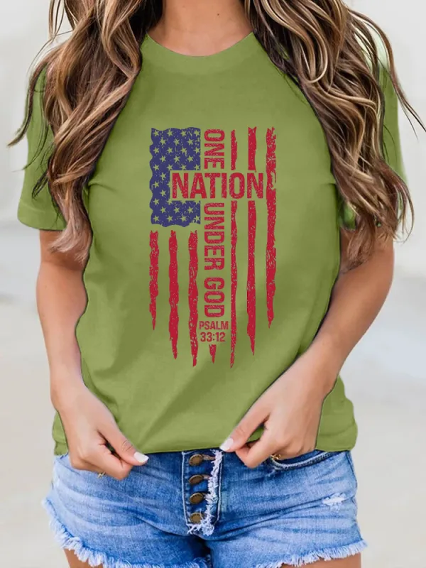 One Nation Under God Psalm 33:12 Print Round-Neck Short-Sleeved T-Shirt