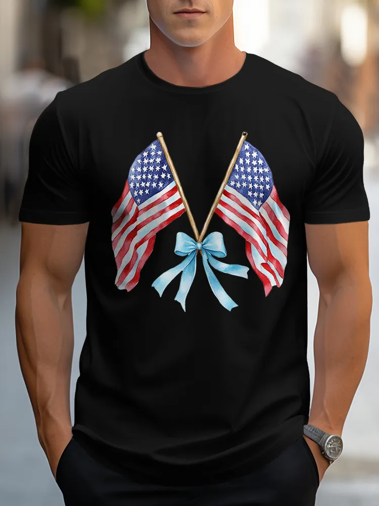 Man'S The Stars And Stripes Bow Round-Neck Short-Sleeved T-Shirt